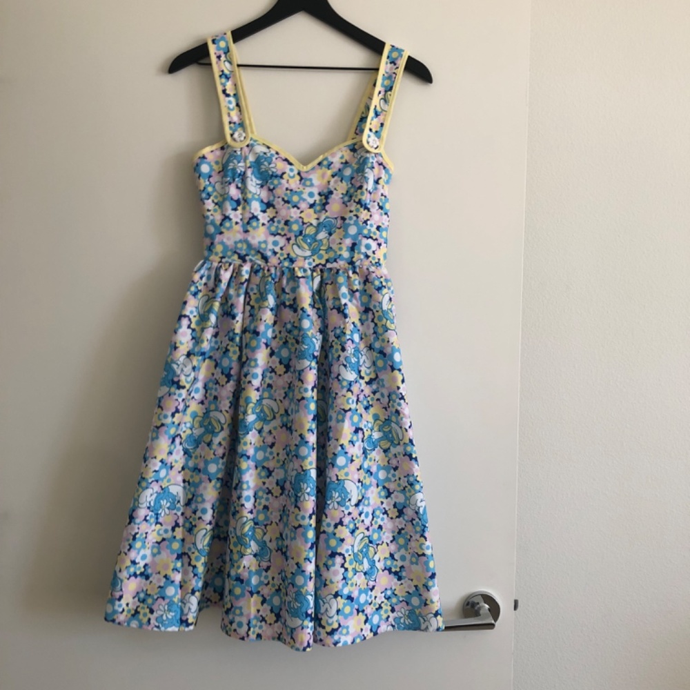 Smurfs X Unique Vintage Smurf Floral Print Pinafore Swing Dress, NWT - Picture 5 of 13